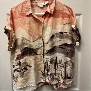Cynthia Rowley Linen Button Front Blouse Desert Scenery Cactus